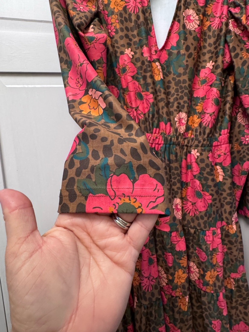 Floral Print Tiered Mini Dress in Fuchsia and Brown - Picture 3 of 3